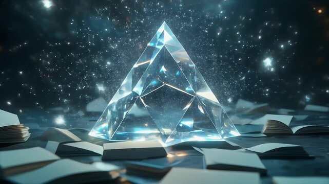 A luminous, multifaceted crystal pyramid stands on a reflective surface surrounded by scattered open books under a sparkling cosmic sky.