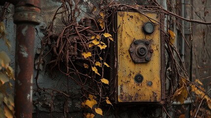 Close-up of an old, rusty yellow electrical box covered in tangled vines and autumn leaves on a weathered wall.