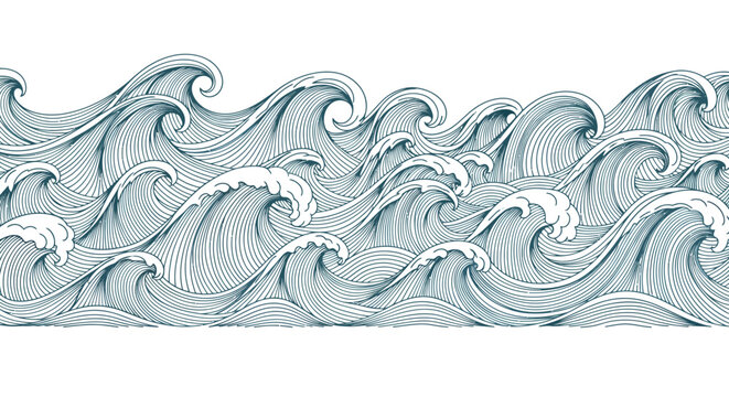 A detailed vector illustration showcases a seamless repeating pattern of ocean waves, perfect for nautical designs, backgrounds, and decorative elements with a clean, elegant aesthetic.