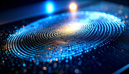 Digital Fingerprint: A close-up view of a glowing digital fingerprint, emphasizing the intricate details of biometric security and technology.