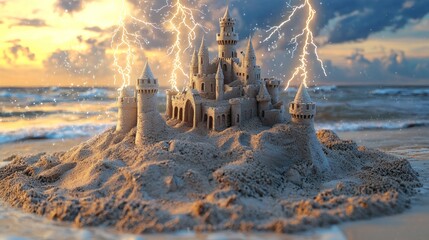 A majestic sandcastle on a beach at sunset, dramatically illuminated by lightning bolts striking from a cloudy sky.