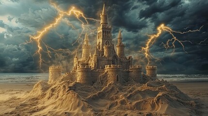 A majestic sandcastle stands defiantly amidst a powerful lightning storm under a dark, dramatic sky.