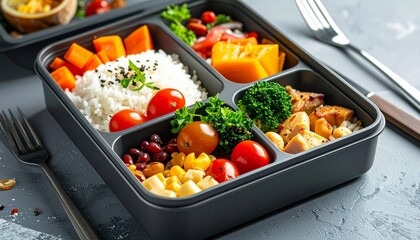 Healthy Bento Box Meal Prep with Rice and Vegetables.