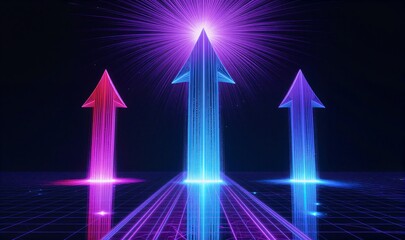 Neon arrows ascend toward radiant star, digital grid below, futuristic glow.