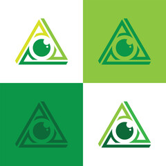 this image is logo design of a triangle shape in green tones with an eye on the center in abstract geometric style
