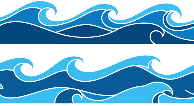 A seamless vector illustration showcasing stylized ocean waves in varying shades of blue, perfect for design elements, backgrounds, and decorative borders with a vibrant and dynamic feel.