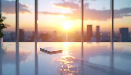 Cityscape Reflection at Sunset: An evocative image captures a sleek device on a reflective surface, framed by towering windows overlooking a vibrant cityscape as the sun sets, casting a warm glow.