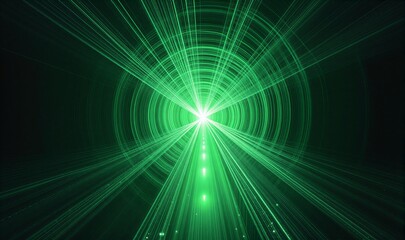 Neon green vortex tunnel with glowing heart-shaped light beams and digital data streams.