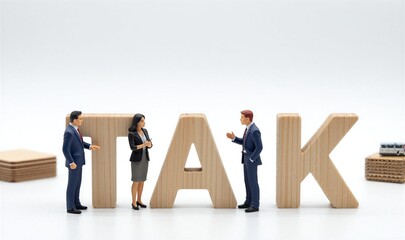 Mini figures discuss business beside wooden "TAX" letters on clean white background.