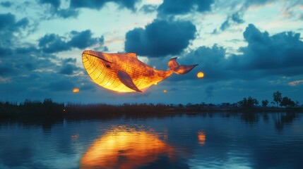 A luminous whale floats majestically in a twilight sky above a calm lake, reflecting its warm glow.