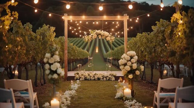 Romantic outdoor wedding ceremony setup in a vineyard at dusk, featuring an aisle lined with chairs, candles, and white floral arrangements under string lights. Wedding venue video background.
