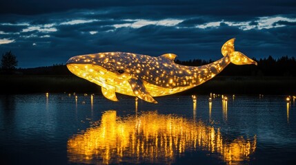 A magnificent illuminated whale sculpture glowing golden over dark water at night, with its reflection visible.