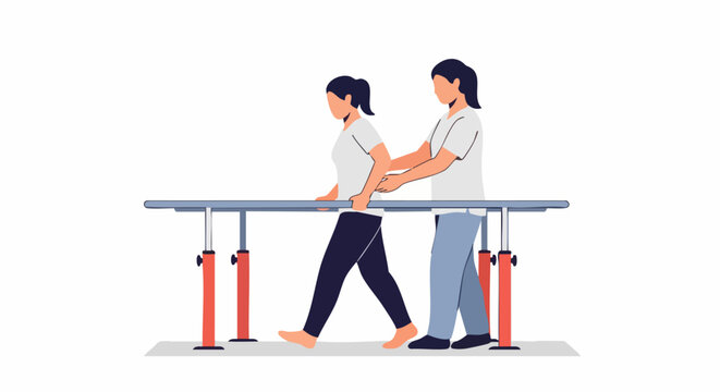 Physical therapist assisting patient walking with parallel bars.