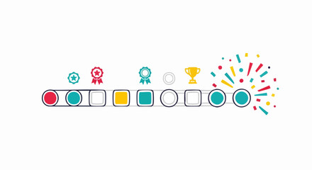 Colorful progress bar with awards and confetti celebrating achievement.