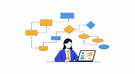 Woman Analyzing Flowchart on Laptop for Business Process Improvement.