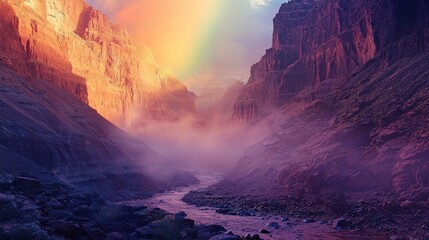 A breathtaking view of a grand canyon at sunrise, with a vibrant rainbow arching over a misty river flowing through the colorful rock formations.