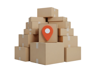 3D stack of cardboard delivery boxes with an orange location pin for global shipping and e-commerce logistics, isolated on transparent background.