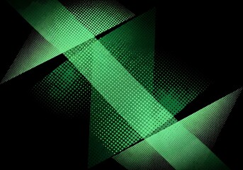 Abstract green geometric shapes with halftone dots on black canvas