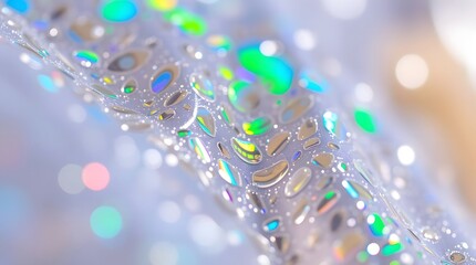 Tight close-up shot, sparkling with iridescent colors, detailed focus, and shimmering reflections. Graphic resource, background. 