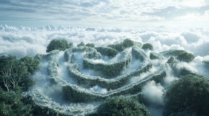 A breathtaking aerial view of a mystical spiral landscape carved into a lush green mountain, surrounded by ethereal clouds.