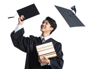  Smiling Graduate Tossing Cap While Carrying Books, Dynamic Celebration Pose, isolated