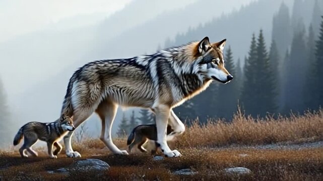 Majestic wolf pack exploring serene mountain landscape freely