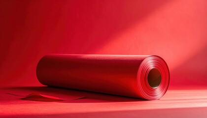 Vibrant Red Roll of Paper on Bold Red Background with Soft Light and Shadow Play