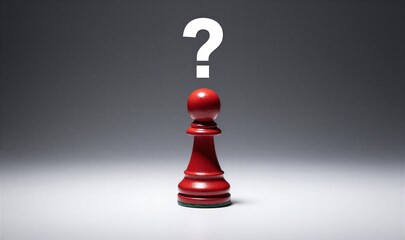 Red chess pawn under spotlight, question mark abovesymbolizing strategic uncertainty or decision-making.