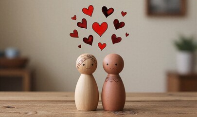 Two wooden dolls smile, surrounded by floating red hearts on a warm table.