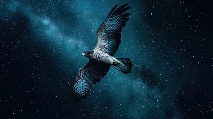 A majestic bird with outstretched wings soaring through a starry night sky, with the Milky Way visible in the background.