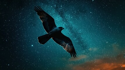 Majestic bird soaring through a vibrant starry night sky with a hint of dawn.