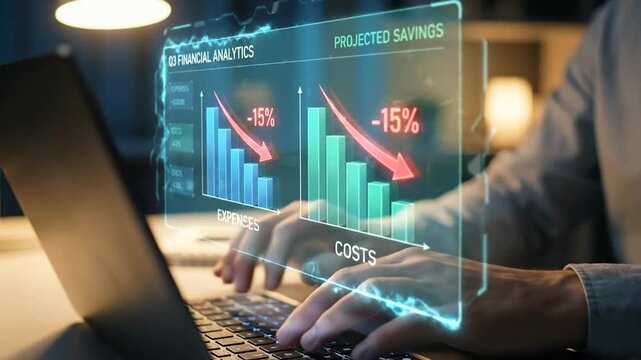 Analyzing financial data and projected savings with a holographic display showing decreasing expenses and costs