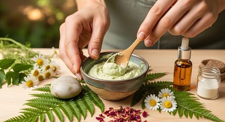 Hands Preparing Green Herbal Skincare Mask with Fresh Plants.