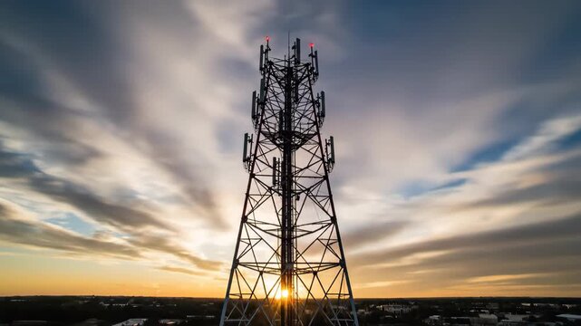 Telecommunication tower under moving clouds long exposure photo