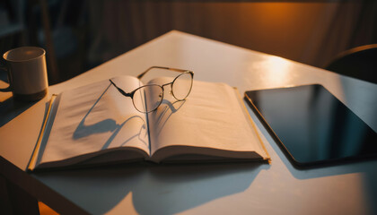 Open book with glasses and digital tablet on desk in warm sunset light