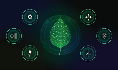 Futuristic infographic featuring a biotechnology plant and six option buttons. (Glowing green) symbolizing ecology, science, technological advancement, environmental care. Sustainable Nature friendly © Isasoulart