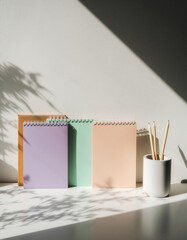 Vertical shot of blank pastel notebooks and pencils with plant shadows on white desk