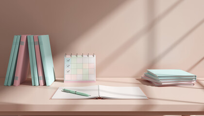Wide banner of pastel workspace with open notebook, books, and checklist calendar in sunlight