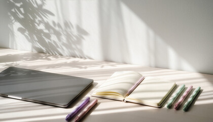 Closed laptop and open notebook with pastel markers on desk in sunlight shadow