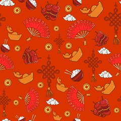 Chinese New Year Seamless Pattern with Traditional Lunar Festival Icons. Perfect for Chinese New Year celebrations, festive decorations, greeting cards, red envelopes, gift wrapping.