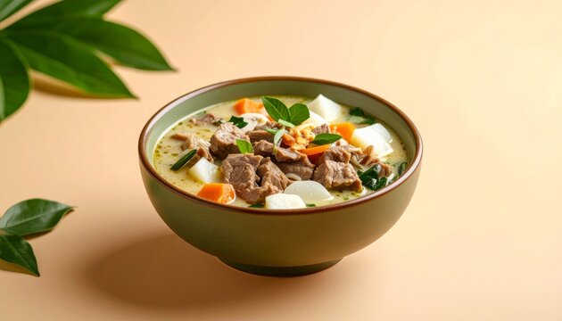 Earthy Green Bowl of Hearty Creamy Beef Stew with Fresh Herbs and Vegetables