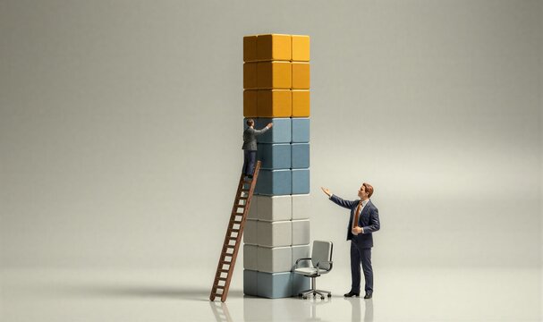 Businessmen build tower; one climbs ladder, other watcheschair nearby symbolizes office life.
