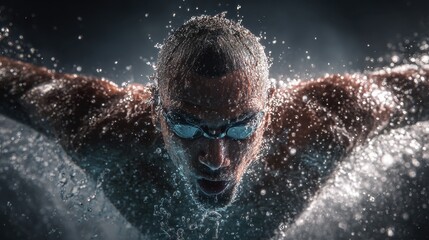 Athlete in Action: A swimmer propels through the water, captured in mid-motion, showcasing strength and determination with every stroke.