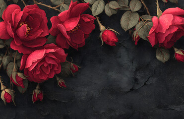 Black roses background. greeting card with roses