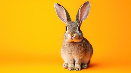 A brown rabbit stands on a vibrant yellow background, viewed from the front, showcasing its large ears and soft fur.
