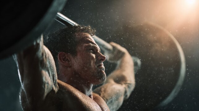 Conquering the Weight: A determined athlete strains with unwavering focus as he lifts a heavy barbell, showcasing raw power and dedication, backlit by dramatic lighting.