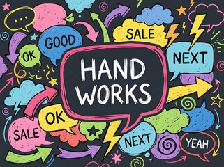Fototapeta premium Hand drawn creative lettering and doodle elements with hand works typography concept, colorful sketch style icons for creativity, craft, design, and fun background