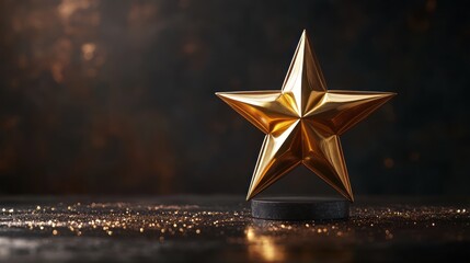 A golden star award displayed on a reflective surface with a dark background