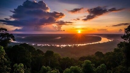 Dramatic sunset over a winding river in a lush, misty rainforest canopy