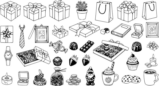 Hand-drawn Black and White Line Art Collection of Holiday and Celebration Gift Items, Sweets, and Festive Elements Ideal for Lifestyle and Retail - Powered by Adobe